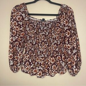 American Eagle Outfitters Brown and White 3/4 Sleeve Smocked Blouse